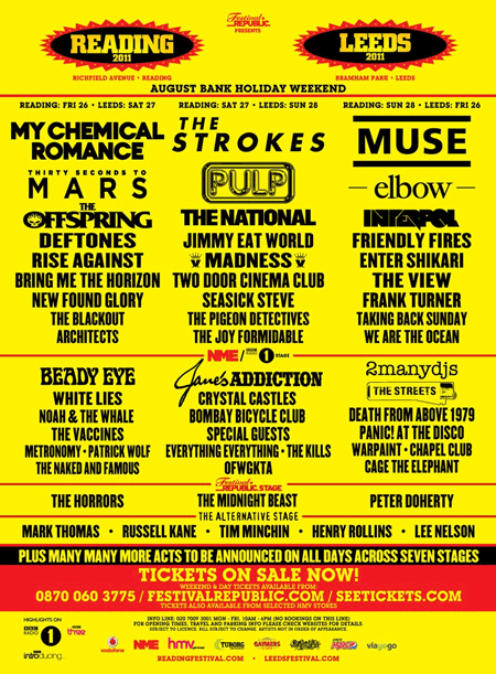 reading and leeds festival lineup 2011